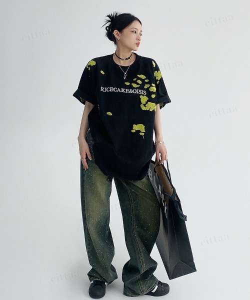 Dalfwin(ダールフィン)の「韓国ファッション RICECAKEペイント風サガラ刺繍Tシャツ(Tシャツ/カットソー・レディース・ブラック/グレー・FREE)」の8枚目の写真