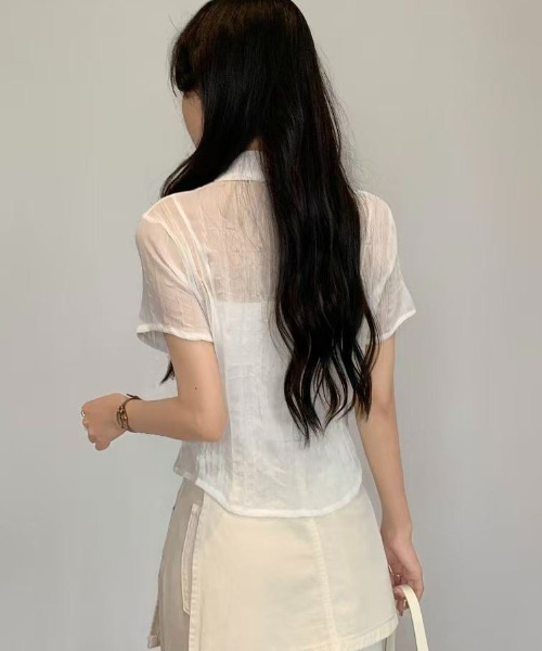 LADY LIKE（レディライク）の「【春夏新作】プリーツ加工半袖シアーシャツ（シャツ/ブラウス・レディース・ホワイト/ブラック・M）」の6枚目の写真