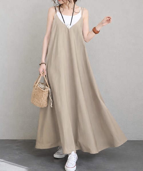 mielu(ミエル)の「《春夏におすすめ!大人きれいめスタイル♪》ルーズAラインロングキャミワンピース(ワンピース・レディース・ブラック/ベージュ・LARGE/MEDIUM)」の2枚目の写真