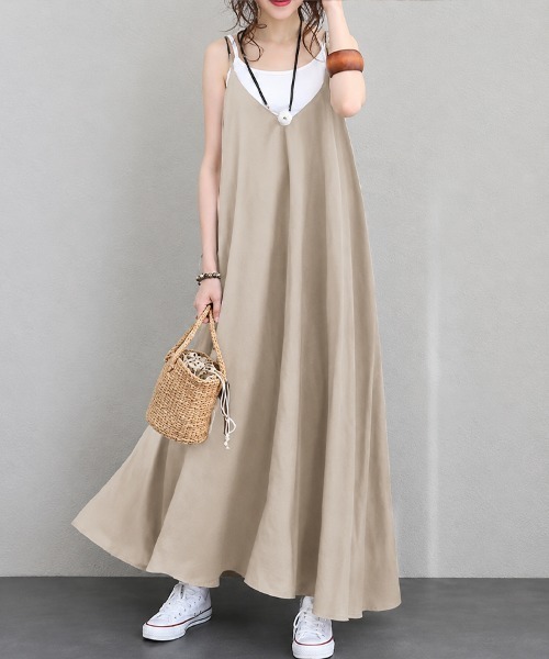 mielu(ミエル)の「《春夏におすすめ!大人きれいめスタイル♪》ルーズAラインロングキャミワンピース(ワンピース・レディース・ブラック/ベージュ・LARGE/MEDIUM)」の6枚目の写真