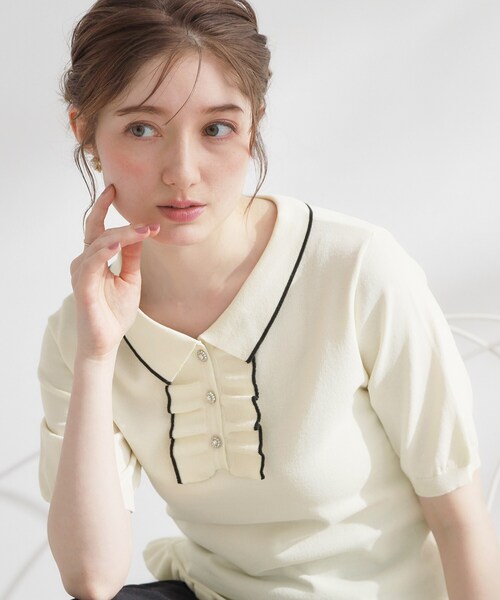 couture brooch(クチュールブローチ)の「【洗える】フリル ポロ衿ニット(ニット/セーター・レディース・ピンク系その他/ホワイト系7/ライトグレー系4・36/38/40/42)」の16枚目の写真