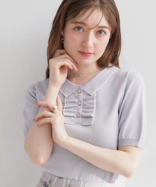couture brooch(クチュールブローチ)の「【洗える】フリル ポロ衿ニット(ニット/セーター・レディース・ピンク系その他/ホワイト系7/ライトグレー系4・36/38/40/42)」の6枚目の写真