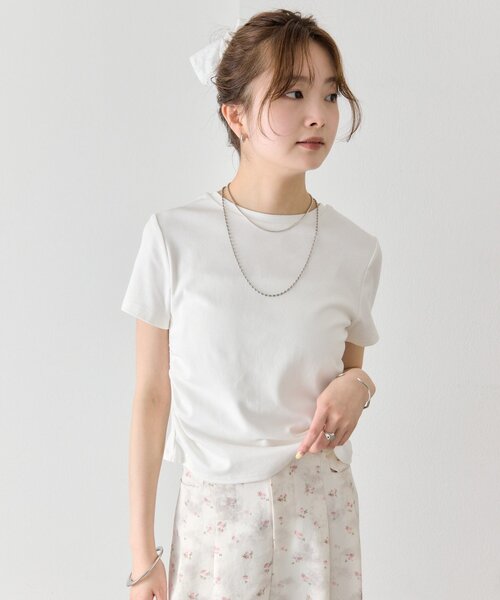 mystic(ミスティック)の「サイドギャザーチビTシャツ(Tシャツ/カットソー・レディース・ピンク/ブラック/オフホワイト・FREE)」の5枚目の写真