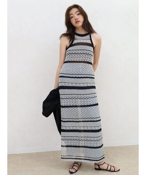 FIKA.(フィーカ)の「Striped mesh knit onepiece(ワンピース・レディース・シルバー/ベージュ・FREE)」の1枚目の写真