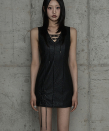 Corset Panel Leather One-Piece (Black)