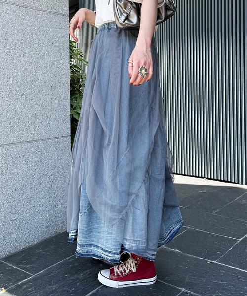 DOUBLE NAME（ダブルネーム）の「デニム×チュールボリュームスカート（デニムスカート・レディース・インディゴブルー/ブラック系その他・FREE）」の16枚目の写真
