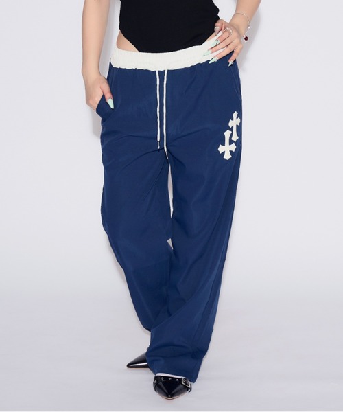 tinkerend(ティンカーエンド)の「Double-waist Nylon Wide Pants / ダブルウエストナイロンワイドパンツ(スウェットパンツ・レディース・ブラック/ネイビー・1/2)」の2枚目の写真