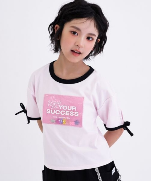 接触冷感】ラメクリアワッペン半袖リボンT（Tシャツ/カットソー