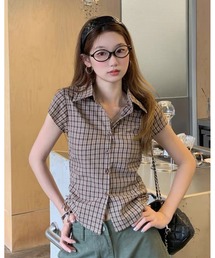 チェック柄サイドドロスト半袖コンパクトシャツ