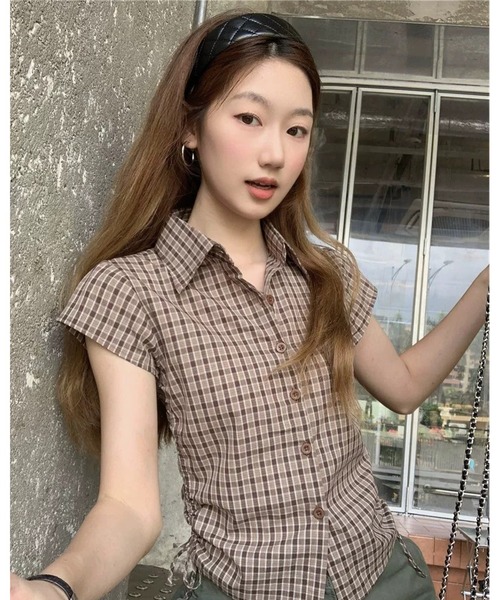 inst.ALL(インストール)の「チェック柄サイドドロスト半袖コンパクトシャツ(シャツ/ブラウス・レディース・モカ・M)」の8枚目の写真