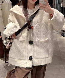 フード付き ルーズ ニットカーディガン