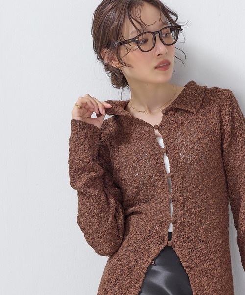 en CAnAF（エンカナフ）の「【上品見えする秋カーデ】ツイード風mixスラブ クルミ釦カーディガン（カーディガン/ボレロ・レディース・ブラック/ベージュ/グリーン/ブラウン・フリー）」の10枚目の写真
