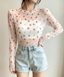 総柄シアー長袖カットソー