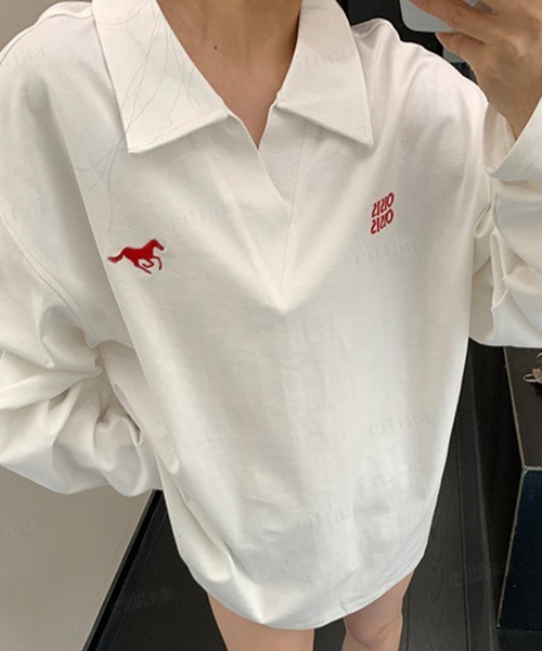 Dalfwin(ダールフィン)の「OISIS刺繍デザイン スキッパー長袖Tシャツ(Tシャツ/カットソー・レディース・ホワイト/ブラック/グレー・FREE)」の8枚目の写真