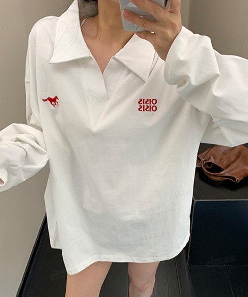 Dalfwin(ダールフィン)の「OISIS刺繍デザイン スキッパー長袖Tシャツ(Tシャツ/カットソー・レディース・ホワイト/ブラック/グレー・FREE)」の9枚目の写真