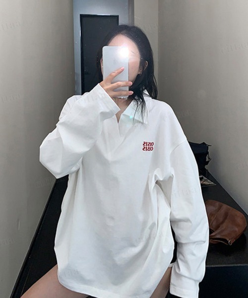 Dalfwin(ダールフィン)の「OISIS刺繍デザイン スキッパー長袖Tシャツ(Tシャツ/カットソー・レディース・ホワイト/ブラック/グレー・FREE)」の6枚目の写真