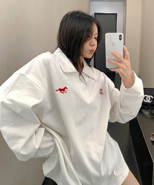 Dalfwin(ダールフィン)の「OISIS刺繍デザイン スキッパー長袖Tシャツ(Tシャツ/カットソー・レディース・ホワイト/ブラック/グレー・FREE)」の7枚目の写真