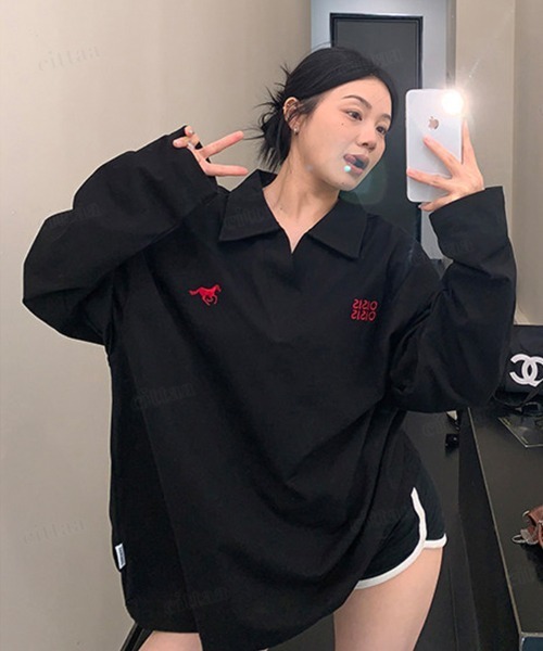 Dalfwin(ダールフィン)の「OISIS刺繍デザイン スキッパー長袖Tシャツ(Tシャツ/カットソー・レディース・ホワイト/ブラック/グレー・FREE)」の12枚目の写真