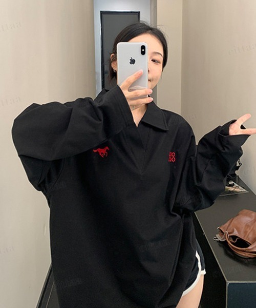 Dalfwin(ダールフィン)の「OISIS刺繍デザイン スキッパー長袖Tシャツ(Tシャツ/カットソー・レディース・ホワイト/ブラック/グレー・FREE)」の13枚目の写真