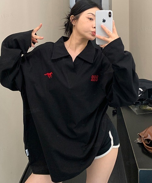 Dalfwin(ダールフィン)の「OISIS刺繍デザイン スキッパー長袖Tシャツ(Tシャツ/カットソー・レディース・ホワイト/ブラック/グレー・FREE)」の14枚目の写真