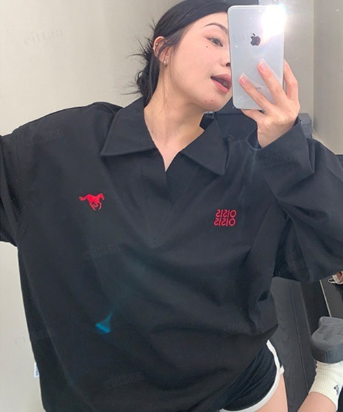 Dalfwin(ダールフィン)の「OISIS刺繍デザイン スキッパー長袖Tシャツ(Tシャツ/カットソー・レディース・ホワイト/ブラック/グレー・FREE)」の15枚目の写真
