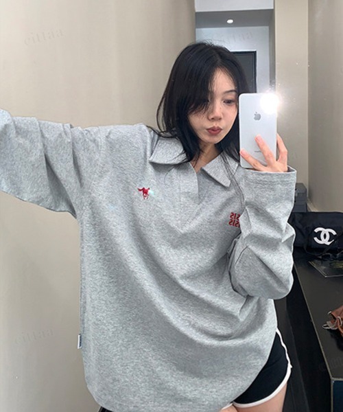 Dalfwin(ダールフィン)の「OISIS刺繍デザイン スキッパー長袖Tシャツ(Tシャツ/カットソー・レディース・ホワイト/ブラック/グレー・FREE)」の20枚目の写真