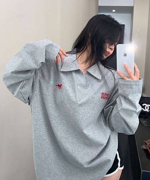 Dalfwin(ダールフィン)の「OISIS刺繍デザイン スキッパー長袖Tシャツ(Tシャツ/カットソー・レディース・ホワイト/ブラック/グレー・FREE)」の21枚目の写真