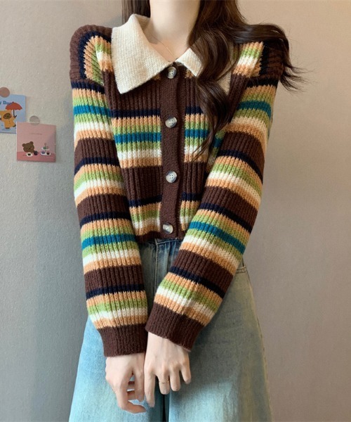 LUCPY(ラクピー)の「マルチボーダー襟付きニットカーディガン(カーディガン/ボレロ・レディース・ブラウン/ブルー/ブラック・FREE)」の2枚目の写真