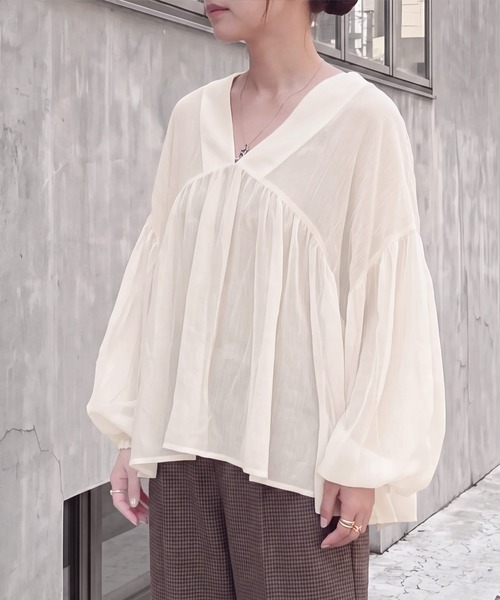 SELECT LEVERY(セレクトリベリー)の「無地ドットシアーワッシャーVネックブラウス(シャツ/ブラウス・レディース・ブラック/アイボリー/ブラウン/ブラウン系その他/ブラック系その他・MEDIUM)」の2枚目の写真