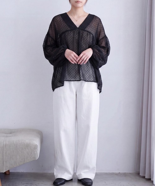 SELECT LEVERY(セレクトリベリー)の「無地ドットシアーワッシャーVネックブラウス(シャツ/ブラウス・レディース・ブラック/アイボリー/ブラウン/ブラウン系その他/ブラック系その他・MEDIUM)」の22枚目の写真