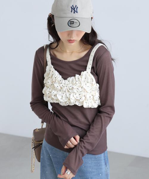 FREE'S MART(フリーズマート)の「◆シャーリングドットビスチェセットシアーカットソー(Tシャツ/カットソー・レディース・ブラウン/ホワイト/グレー・FREE)」の3枚目の写真