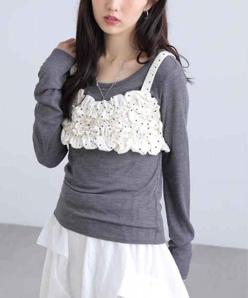 FREE'S MART(フリーズマート)の「◆シャーリングドットビスチェセットシアーカットソー(Tシャツ/カットソー・レディース・ブラウン/ホワイト/グレー・FREE)」の7枚目の写真