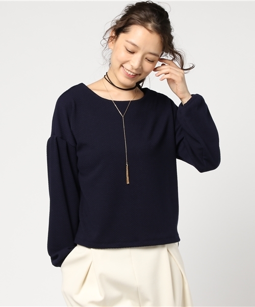 mysty woman（ミスティウーマン）の「チョーカー付きジャガードボリューム袖プルオーバー（Tシャツ/カットソー・レディース・ネイビー/ピンク系その他/オフホワイト/ボルドー・FREE）」の14枚目の写真