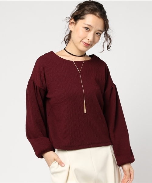 mysty woman（ミスティウーマン）の「チョーカー付きジャガードボリューム袖プルオーバー（Tシャツ/カットソー・レディース・ネイビー/ピンク系その他/オフホワイト/ボルドー・FREE）」の13枚目の写真