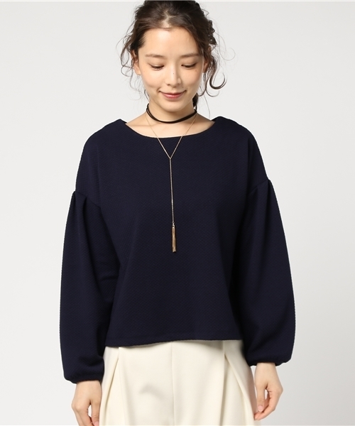 mysty woman（ミスティウーマン）の「チョーカー付きジャガードボリューム袖プルオーバー（Tシャツ/カットソー・レディース・ネイビー/ピンク系その他/オフホワイト/ボルドー・FREE）」の5枚目の写真
