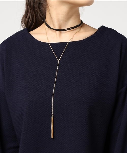 mysty woman（ミスティウーマン）の「チョーカー付きジャガードボリューム袖プルオーバー（Tシャツ/カットソー・レディース・ネイビー/ピンク系その他/オフホワイト/ボルドー・FREE）」の8枚目の写真