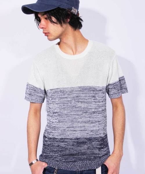 8(eight)(エイト)の「ボーダー サマーニット 半袖Tシャツ(Tシャツ/カットソー・メンズ・ベージュ/ネイビー/ブラック・LARGE/MEDIUM/X-LARGE)」の1枚目の写真