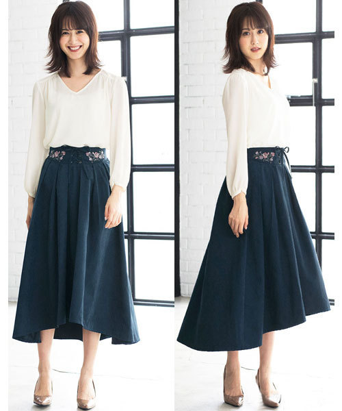 GeeRA（ジーラ）の「刺しゅう＆レースアップイレヘムスカート（スカート・レディース・ベージュ/ネイビー・LARGE/MEDIUM）」の9枚目の写真