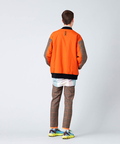 セール】異素材ドッキングチェックボンバージャケット(MA-1)（MA-1