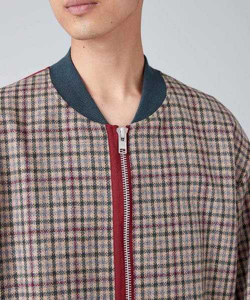 セール】異素材ドッキングチェックボンバージャケット(MA-1)（MA-1