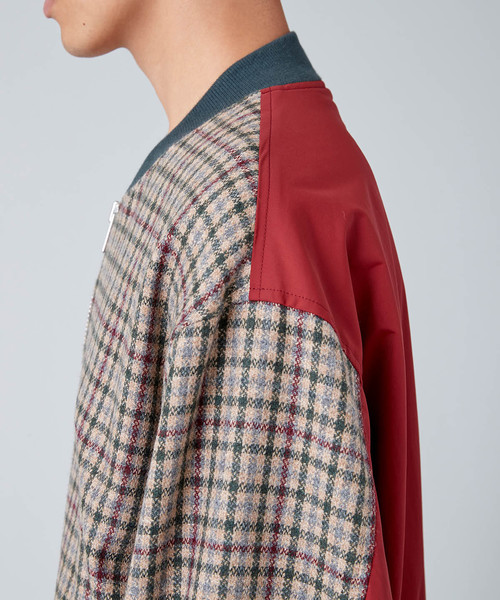 セール】異素材ドッキングチェックボンバージャケット(MA-1)（MA-1