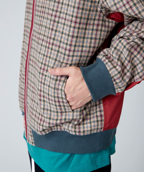 セール】異素材ドッキングチェックボンバージャケット(MA-1)（MA-1