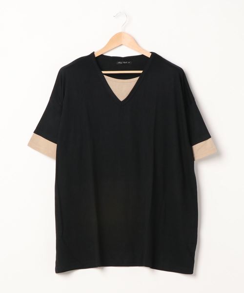 B.I.D.(ビーアイディー)の「《Bl》フェイクVネック半袖カットソー 無地(Tシャツ/カットソー・レディース・ネイビー/カーキ/ピンク/チャコールグレー/ブラック・LARGE/MEDIUM)」の2枚目の写真