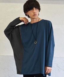 【MinoriTY】とろみ素材ストライプ切替ドルマンスリーブカットソー プルオーバー ロンT 秋服 春服