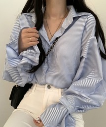 ボリュームスリーブストライプシャツ