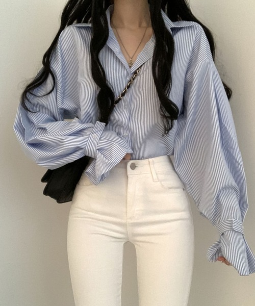 Girly Doll（ガーリードール）の「ボリュームスリーブストライプシャツ（シャツ/ブラウス・レディース・ブラック/ブルー/ホワイト/ブラック系その他・FREE）」の12枚目の写真