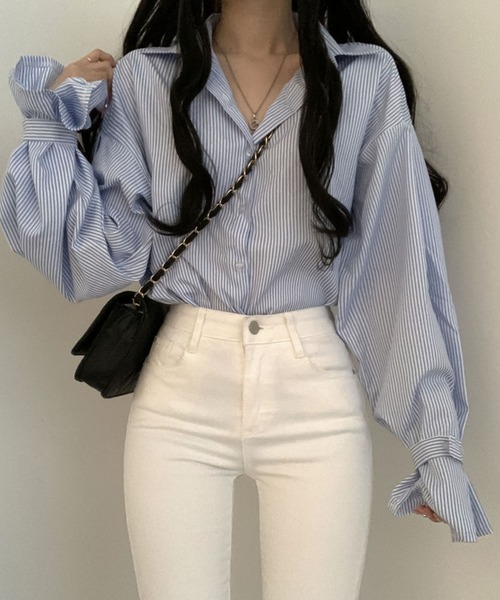 Girly Doll（ガーリードール）の「ボリュームスリーブストライプシャツ（シャツ/ブラウス・レディース・ブラック/ブルー/ホワイト/ブラック系その他・FREE）」の8枚目の写真