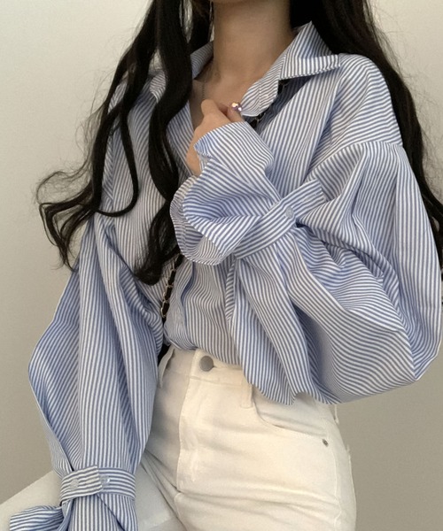 Girly Doll（ガーリードール）の「ボリュームスリーブストライプシャツ（シャツ/ブラウス・レディース・ブラック/ブルー/ホワイト/ブラック系その他・FREE）」の6枚目の写真