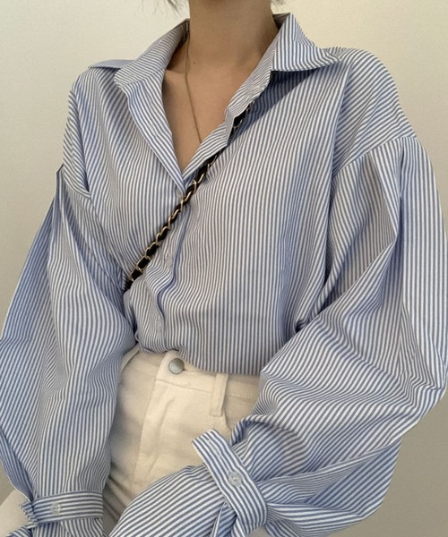 Girly Doll（ガーリードール）の「ボリュームスリーブストライプシャツ（シャツ/ブラウス・レディース・ブラック/ブルー/ホワイト/ブラック系その他・FREE）」の17枚目の写真