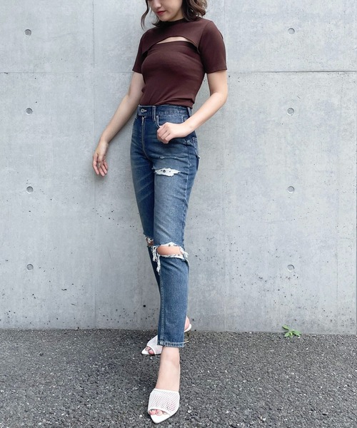 SPIRALGIRL（スパイラルガール）の「バストオープンリブトップス（Tシャツ/カットソー・レディース・ブラック/ベージュ/ブラウン・FREE）」の5枚目の写真